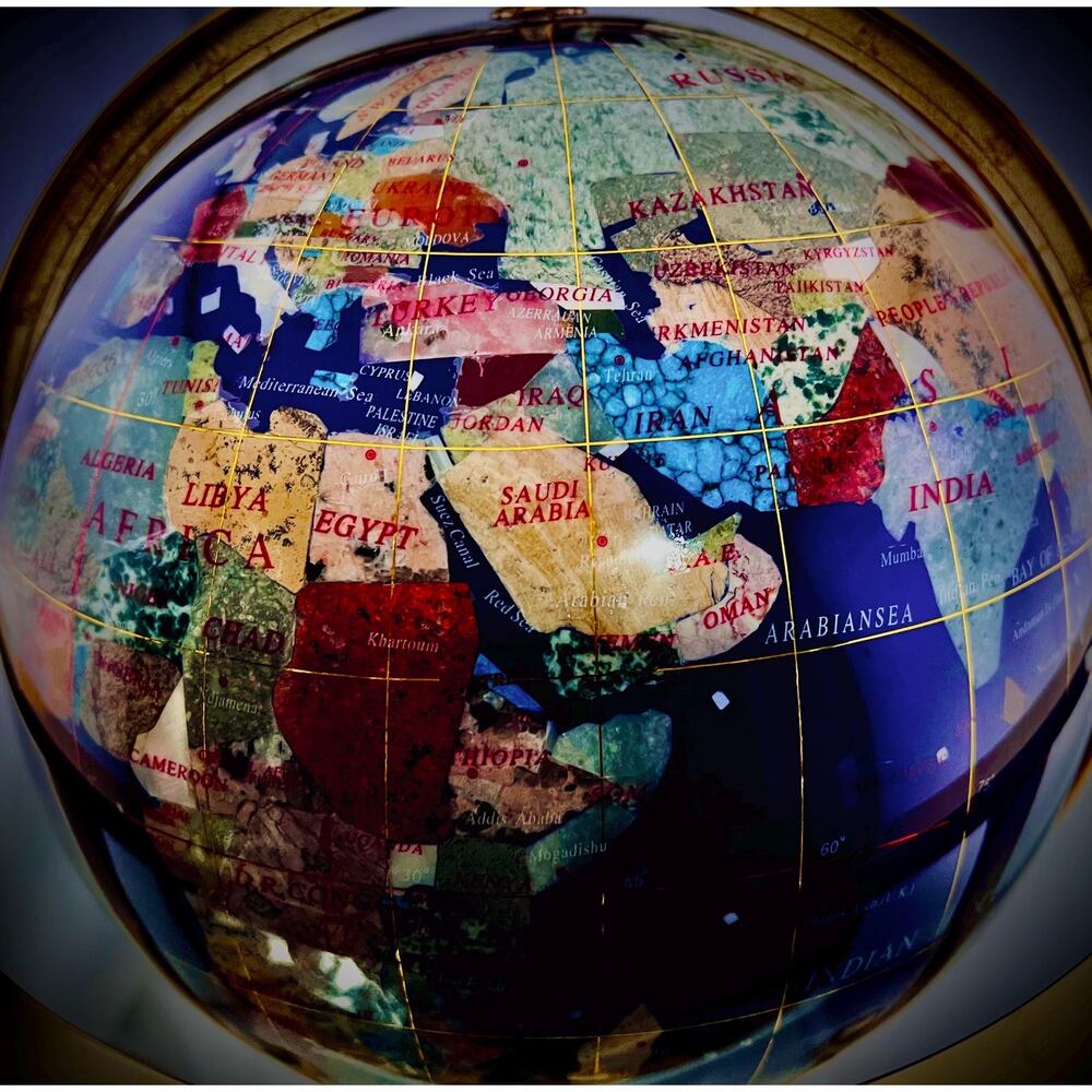 Gemstone Inlay Globe w/ Compass Base, 14” Tall – Gold-Tone Stand - Picture 2 of 10